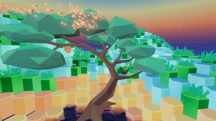 Un arbre isolé sur les tuiles hexagonales à l'aube