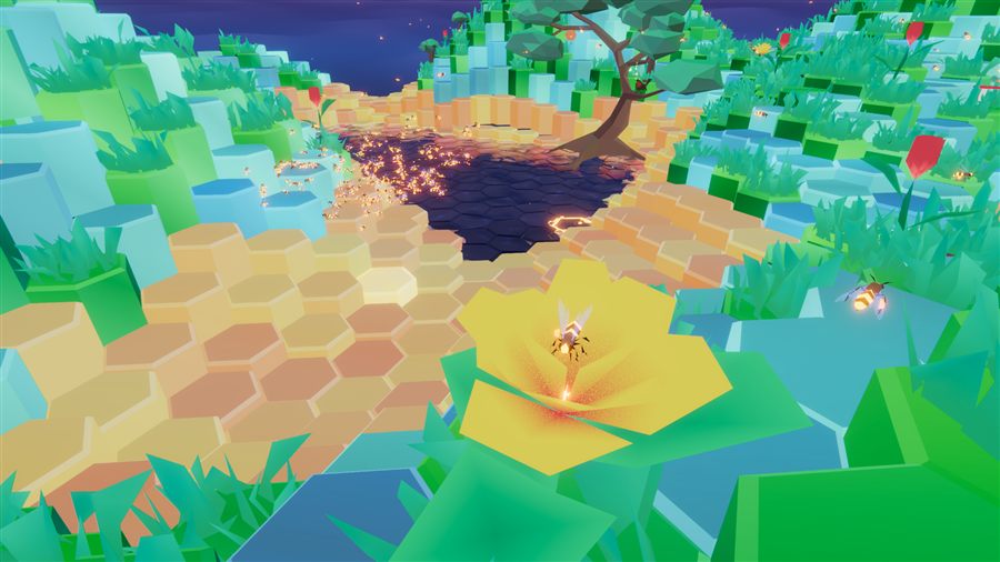 Gros plan sur une fleur jaune et une abeille, tuiles hexagonales et point d'eau