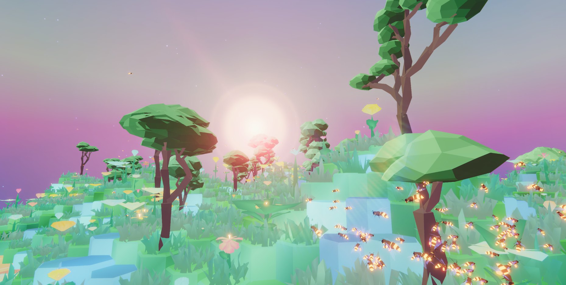 Prairie fleurie et arbres low poly au soleil couchant
